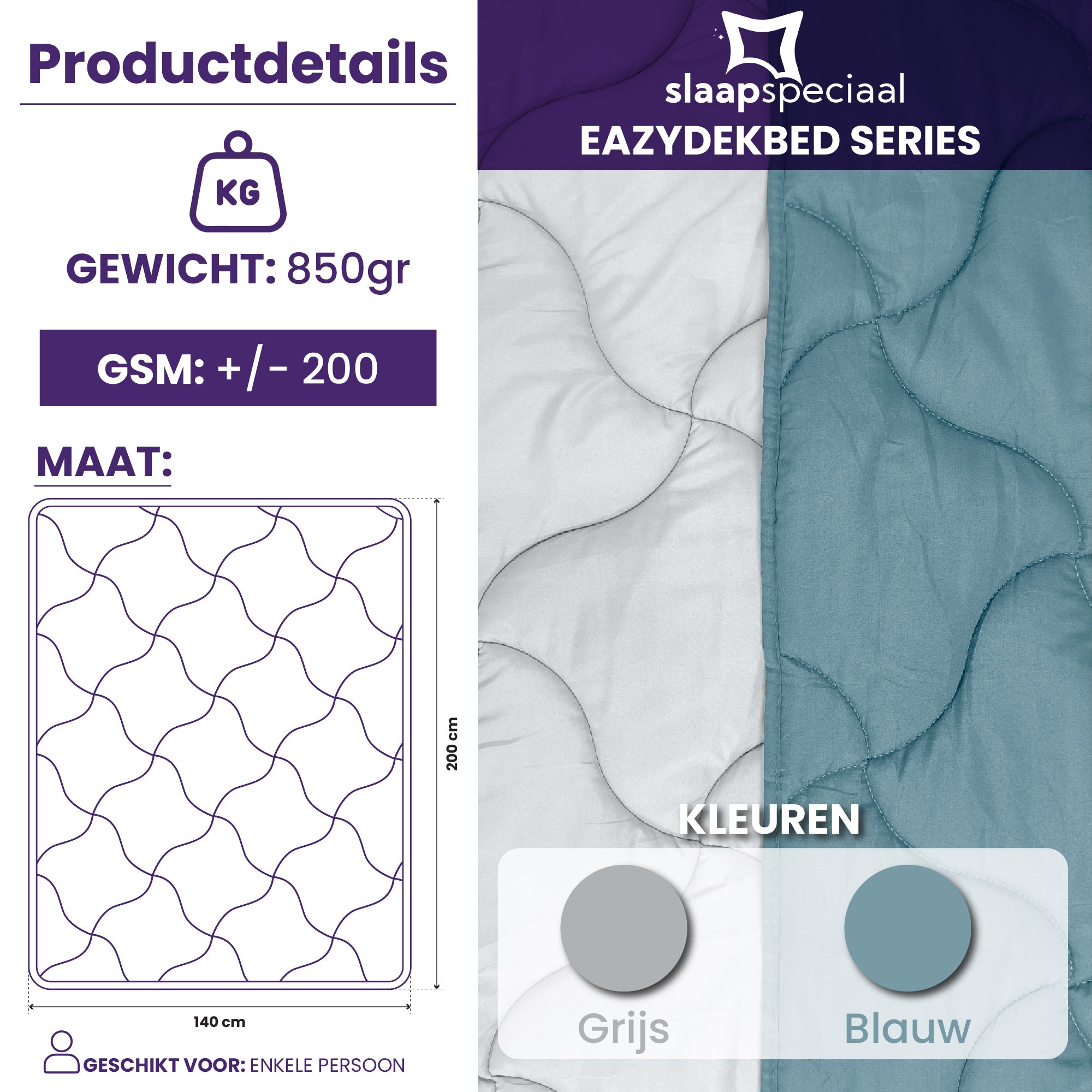 eazydekbed® Zomerdekbed – Blauw/Grijs - Hoesloos & Wasbaar
