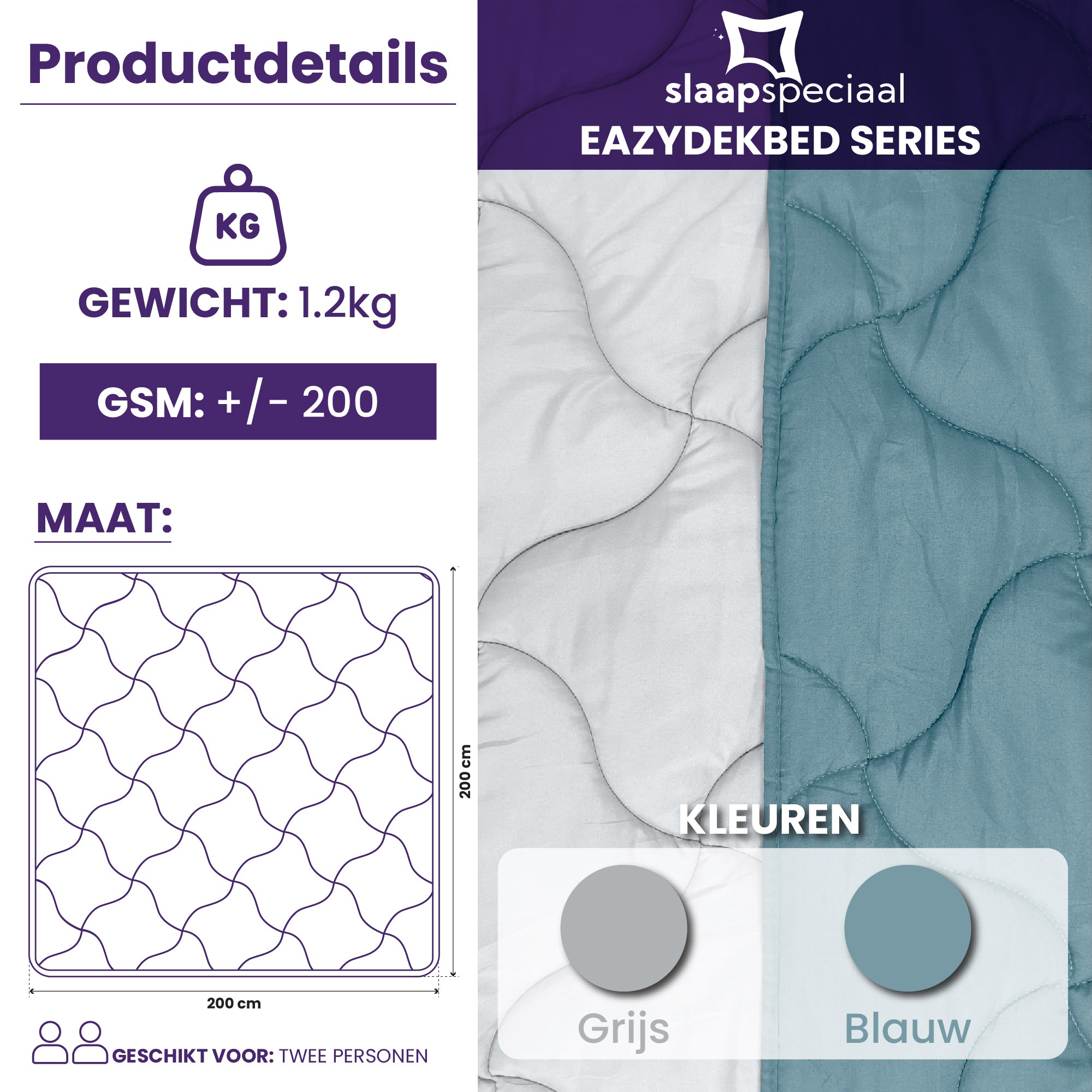 eazydekbed® Zomerdekbed – Blauw/Grijs - Hoesloos & Wasbaar