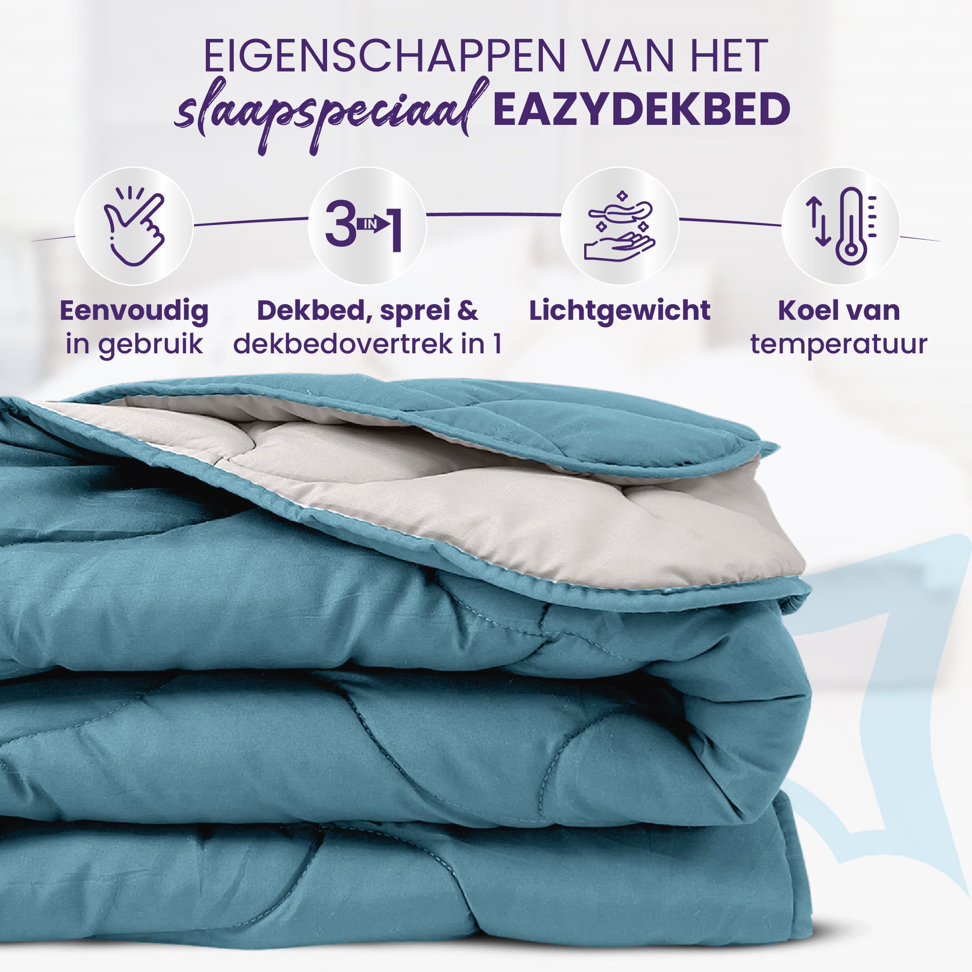 eazydekbed® Zomerdekbed – Blauw/Grijs - Hoesloos & Wasbaar