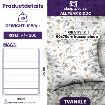 eazydekbed® Kinderdekbed 140x200 cm – Twinkle – Hoesloos & Wasbaar – Voor het hele jaar – 100% katoen + GRATIS kussensloop