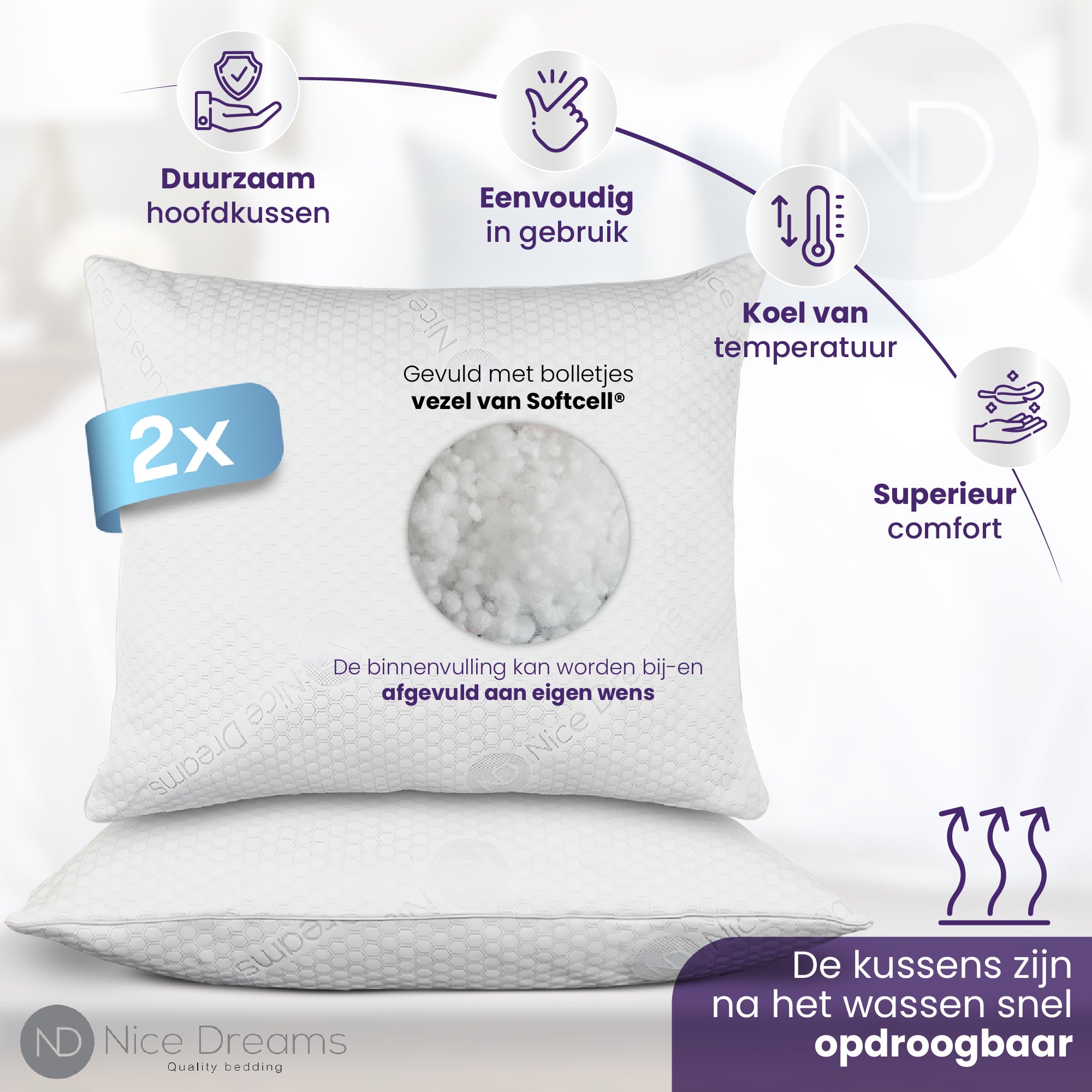 Hoofdkussen - Set van 2 - 60x70 cm - Navulbaar - Soft Touch