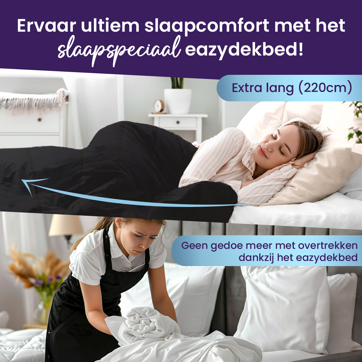 Slaapspeciaal Eazydekbed - Zwart - Dekbed Zonder Overtrek, Extra Lang, Luxe Gelvezels, Anti-Allergisch & Perfect Voor Elk Seizoen