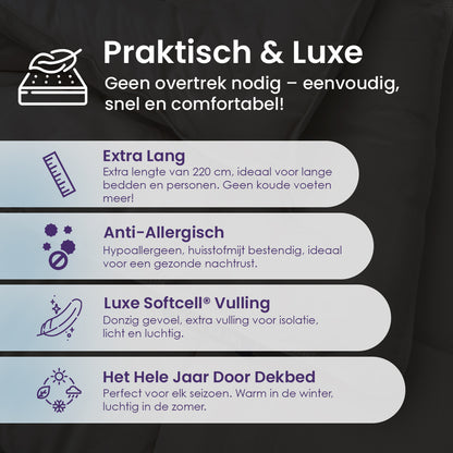 Slaapspeciaal Eazydekbed - Zwart - Dekbed Zonder Overtrek, Extra Lang, Luxe Gelvezels, Anti-Allergisch & Perfect Voor Elk Seizoen