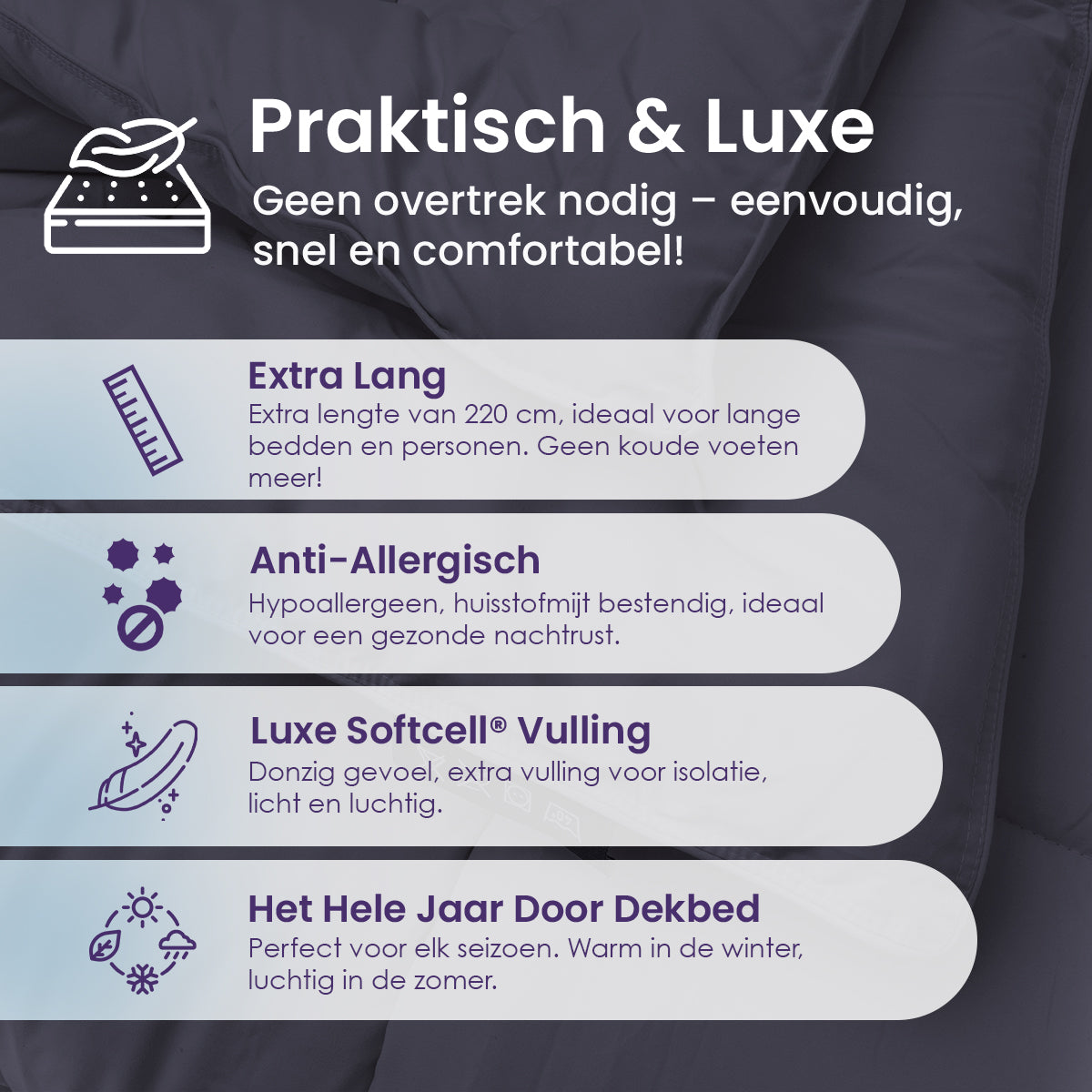 Slaapspeciaal Eazydekbed - Grijs - Dekbed Zonder Overtrek, Extra Lang, Luxe Gelvezels, Anti-Allergisch & Perfect Voor Elk Seizoen