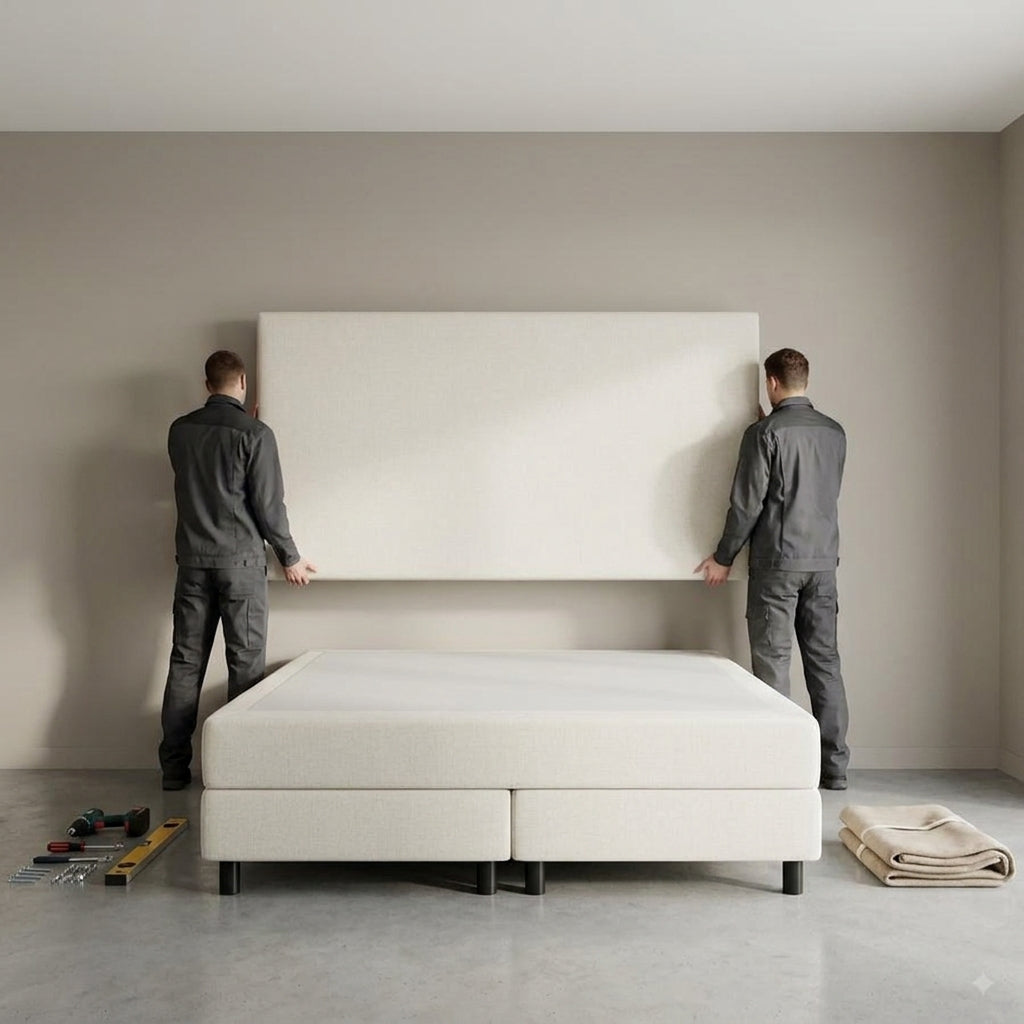 Twee monteurs zetten een boxspring op in de slaapkamer