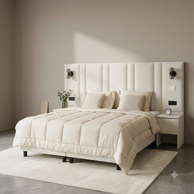 Premium boxspring op maat vanuit de andere hoek, hoofdbord loopt door tot voorbij het bed